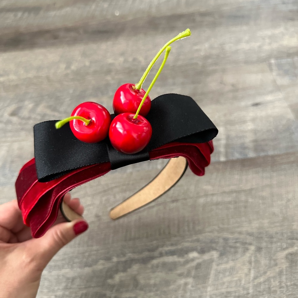 Handmade Designer Fascinator Headband Cherries Red Black Velvet Bow - Picture 9 of 15